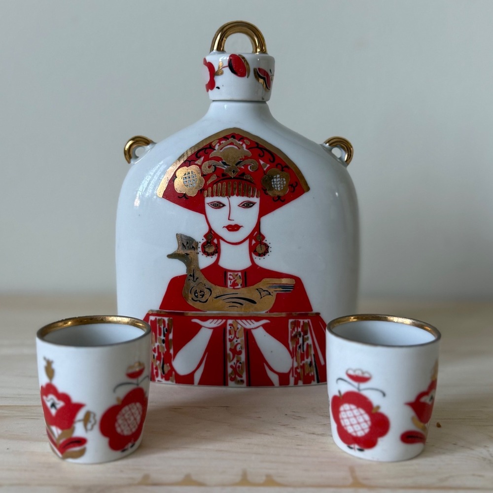 Vintage Soviet Porcelain Decanter Set Red Folk Maiden Rooster USSR 4pc